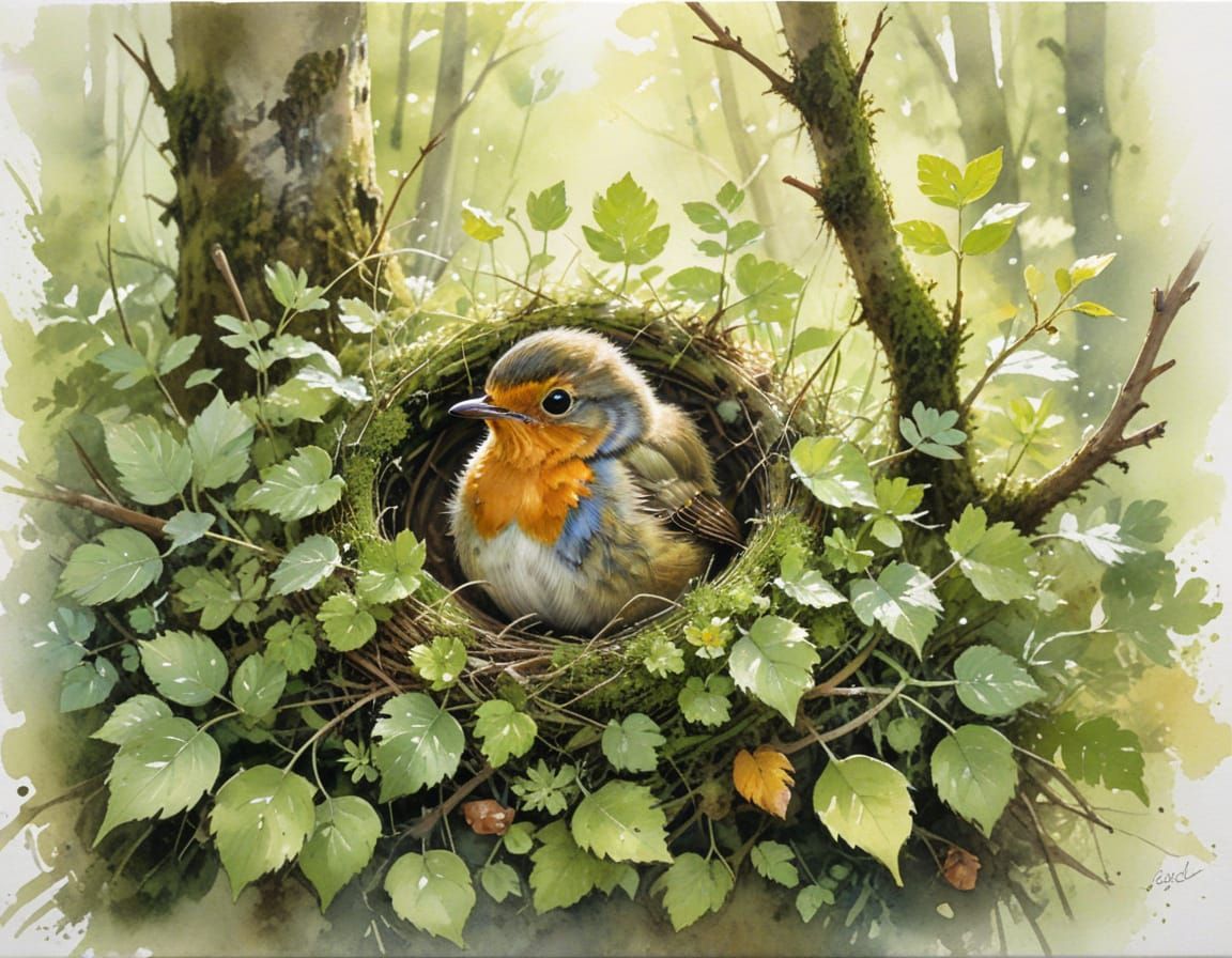 Watercolor Robin Chick in Mossy Forest Nest