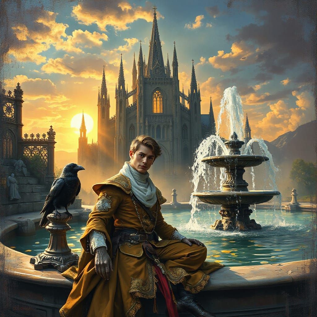 Fantasy Prince by Fountain: Impasto Acrylic Painting