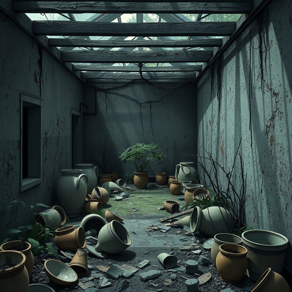 Eerie Desolate Garden in Post-Apocalyptic Anime Style