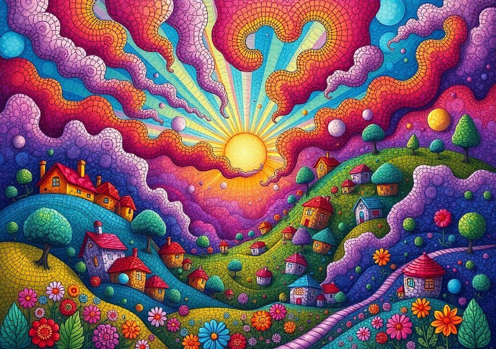 Dreamlike Landscape with Fractal Zentangle Art