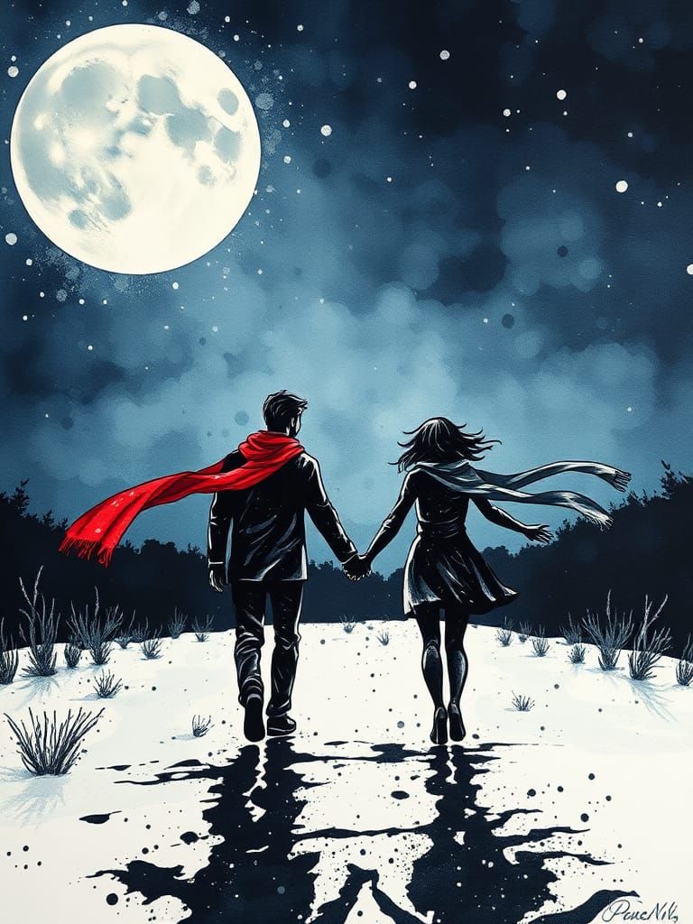 Eerie Ink Splatter Art: Couple Under Moonlight