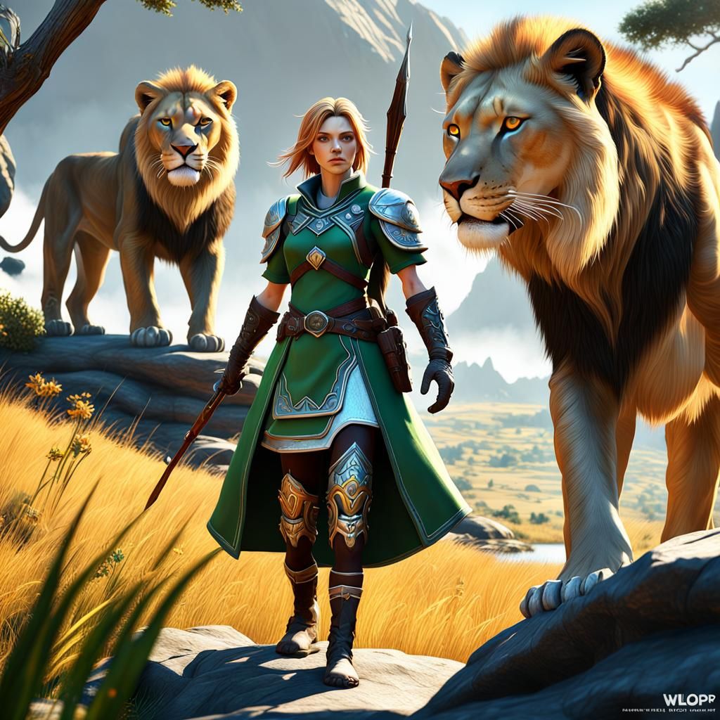 Ranger and Lioness Companion in High Fantasy Style