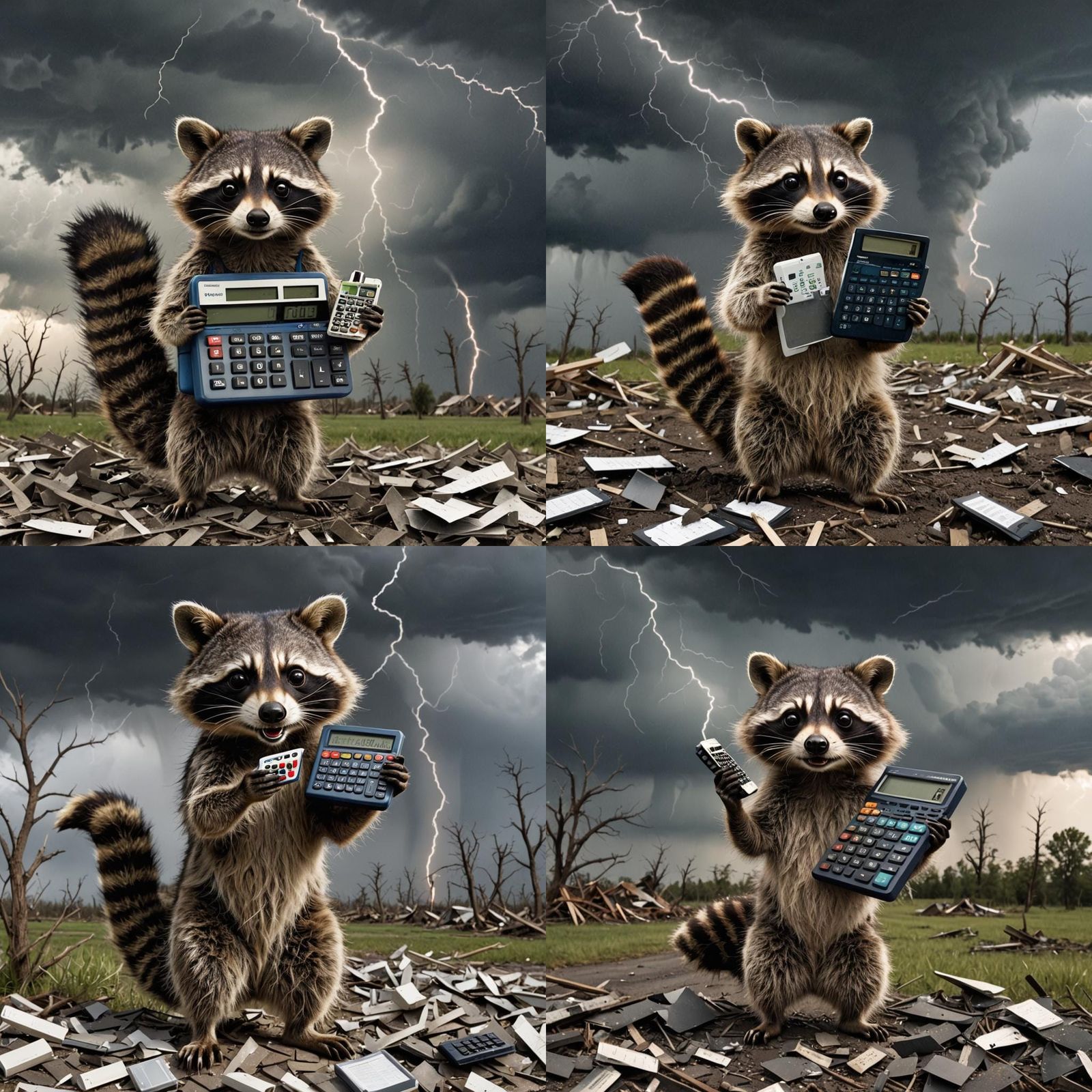 Raccoon with Calculator in Front of Tornado