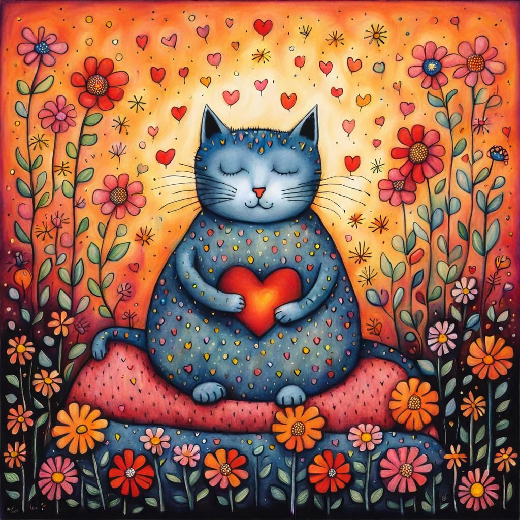 Cute Cat with Flowers in Leunig Style