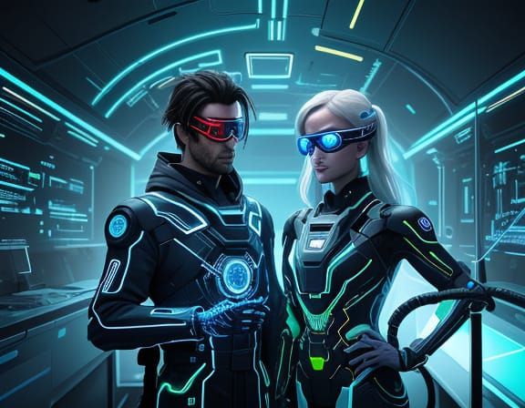 Couple Connected by Electrifying Technology in Futuristic La...