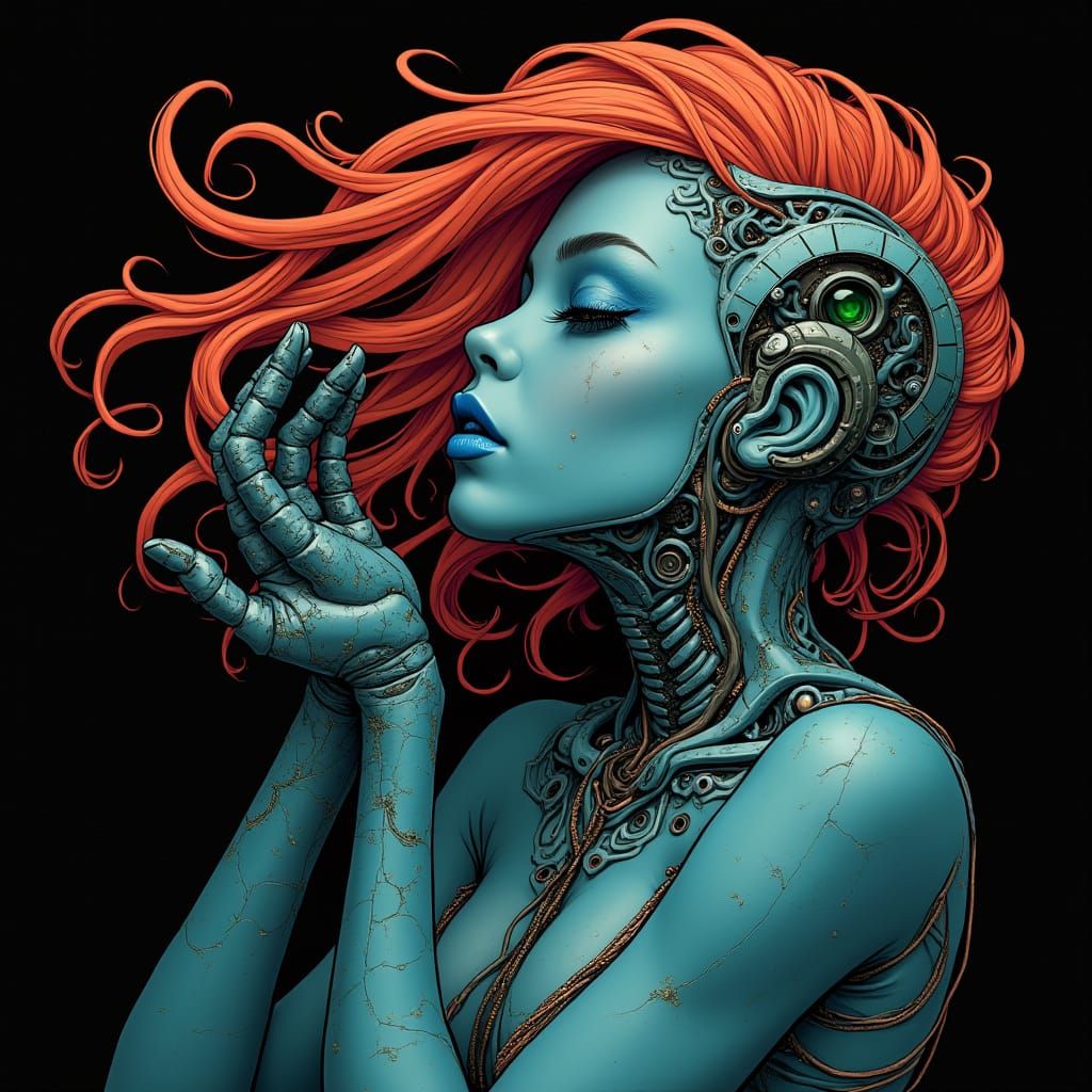 Biomorphic Android Cyborg with Green Eyes in Surreal Style
