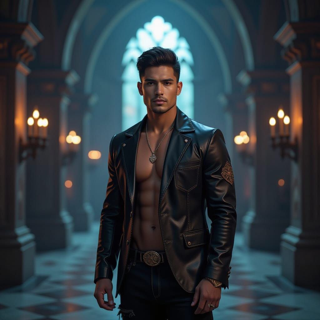 Handsome Latino Man in Denim Suit Amidst Castle Symbols