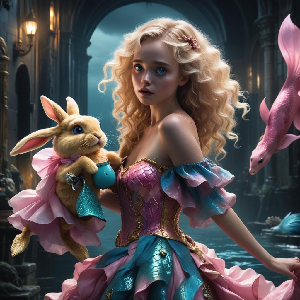 Frightened Girl with Animatronic Bunny in Digital Painting