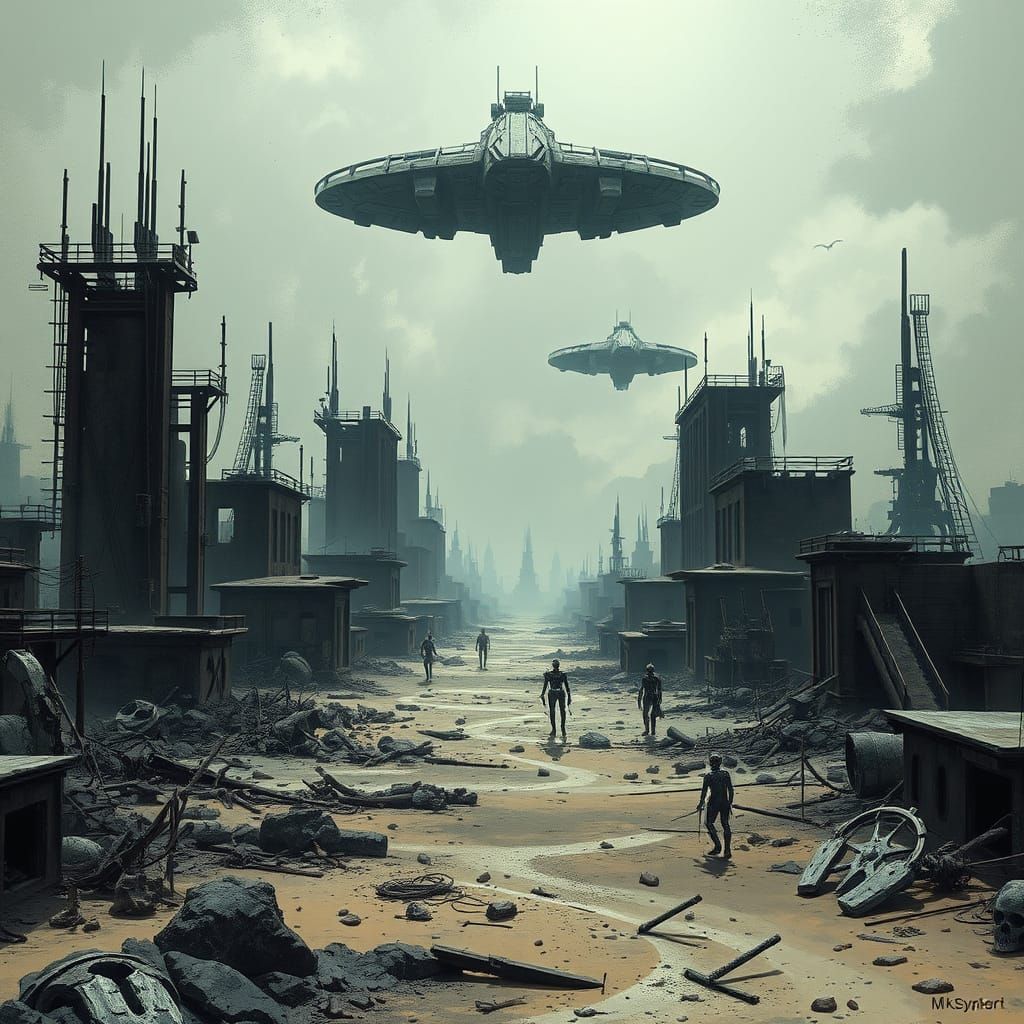 Dystopian Nuclear Wasteland Cityscape with Spaceships