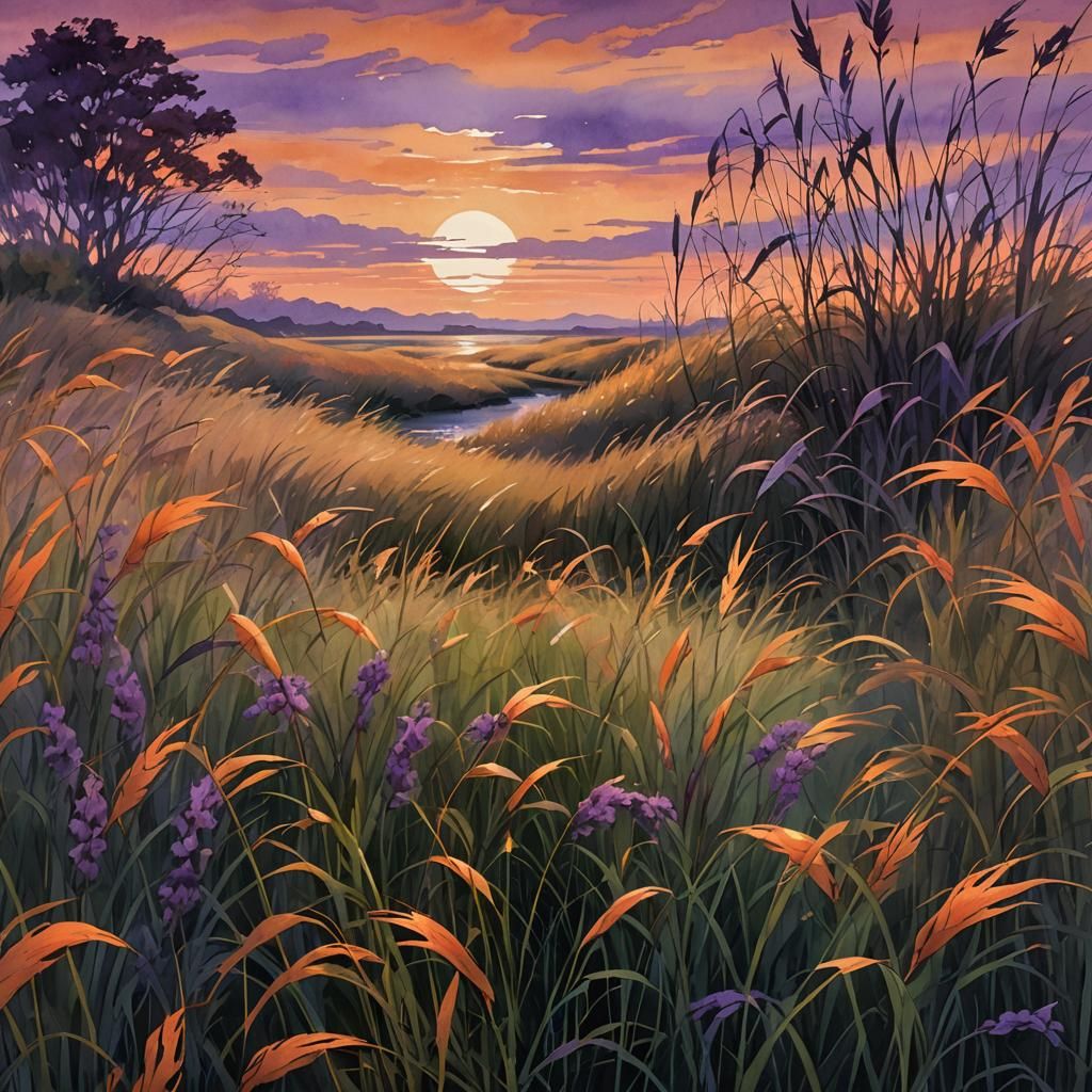Twilight Field Swaying in Wind: a Matte Painting