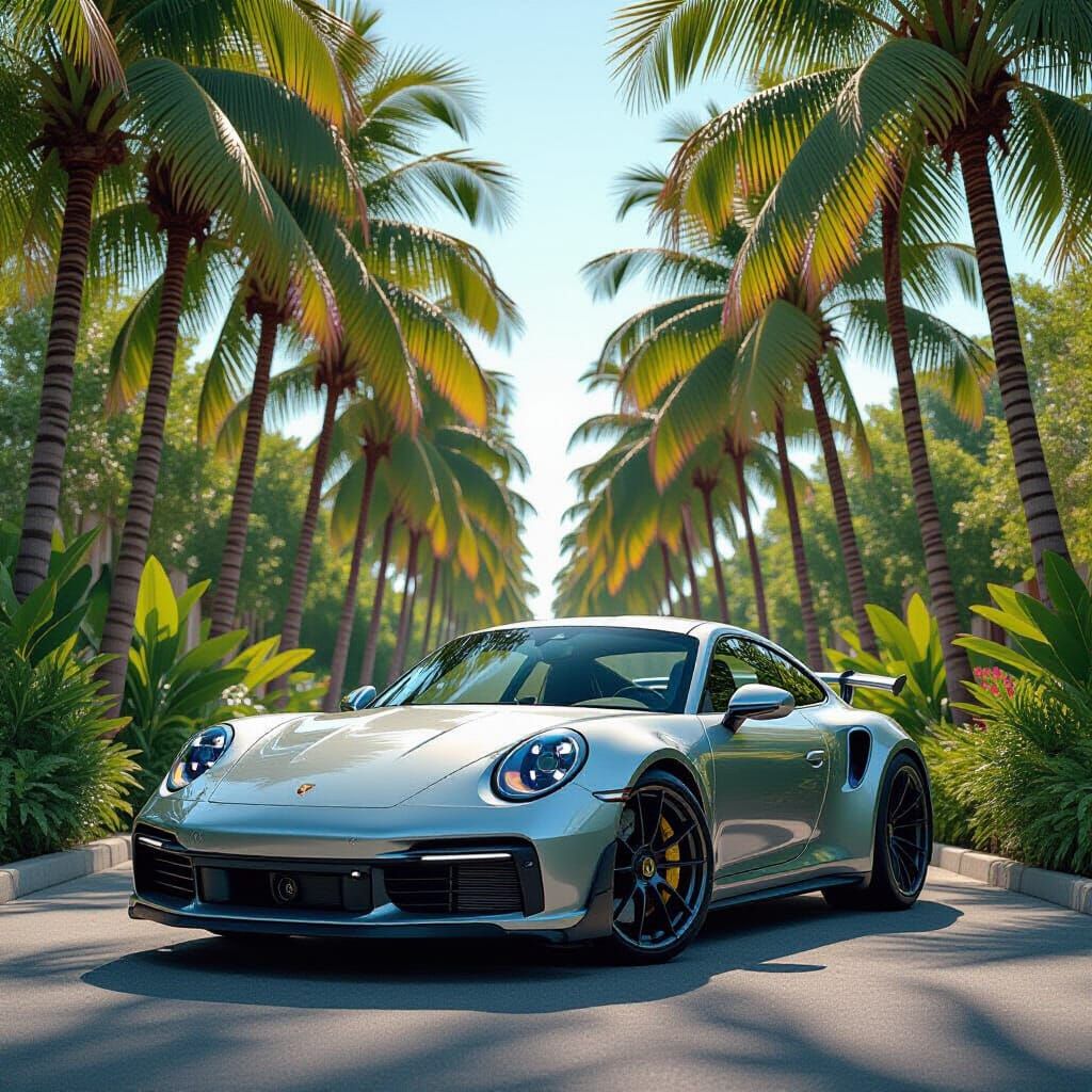 Porsche Among Palm Trees in Stylized Realism