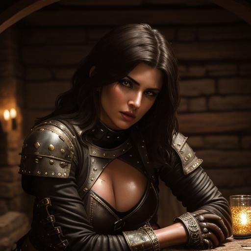 Brunette Warrior Woman in Medieval Tavern