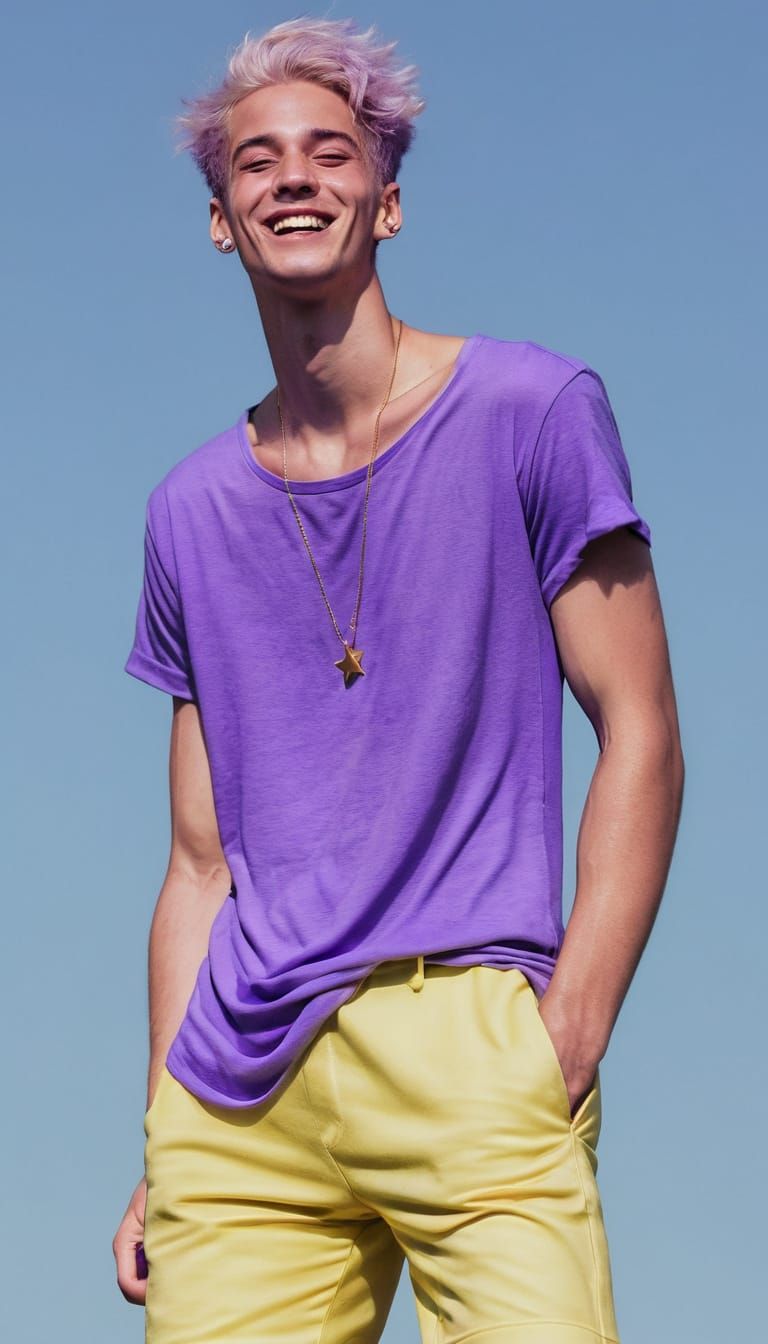 Young Man with Lavender Eyes Giggling at Stars