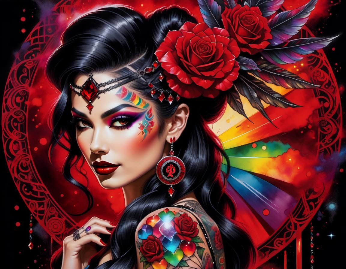 Radiant Red: Watercolor Gothic Pinup with Crystals