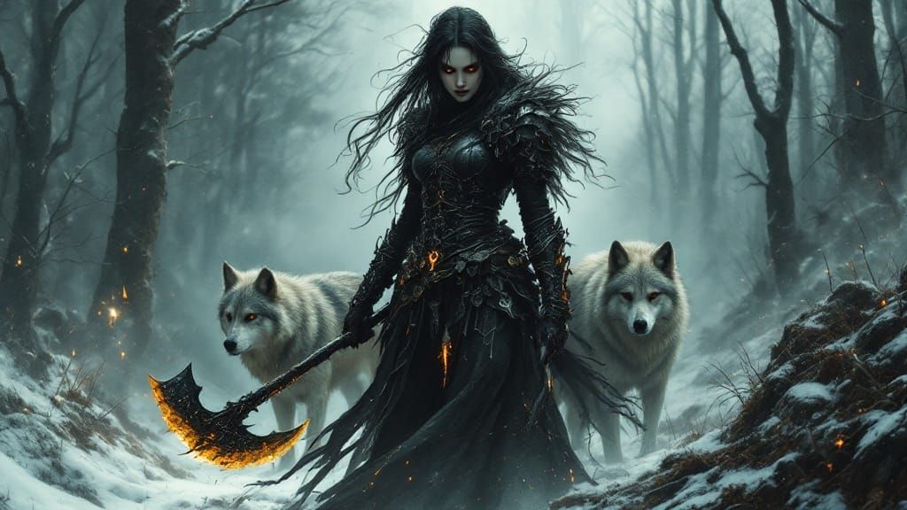 Gothic Warrior Maiden with Axes and Wolves by Moonlight