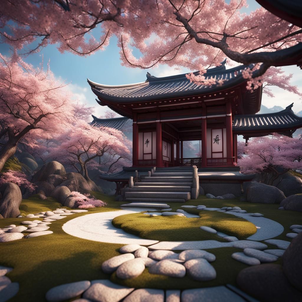 Zen Garden with Blossoms: Detailed Matte Painting