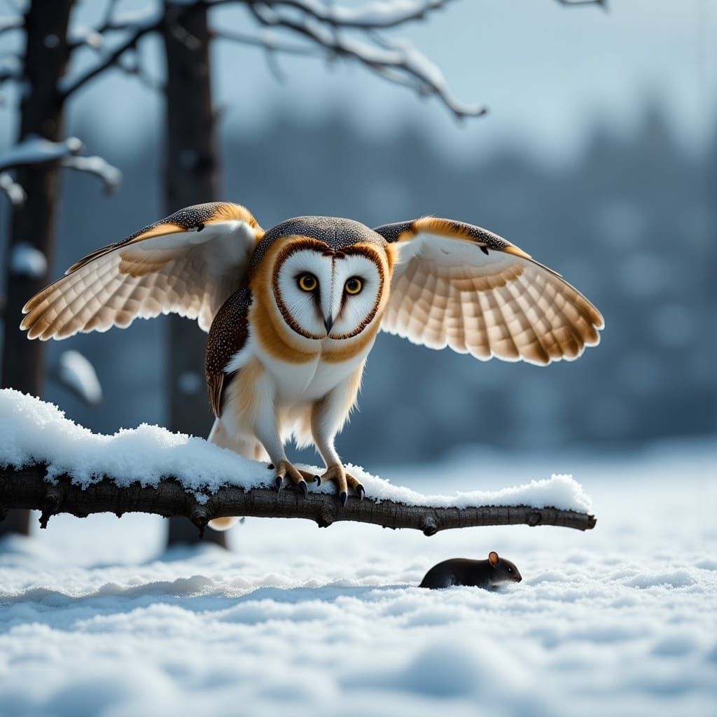 Barn Owl Hunting in Snowy Landscape