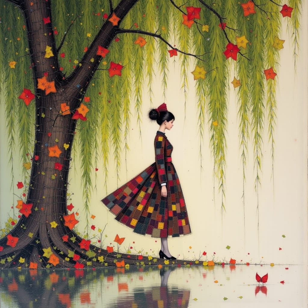 Lady under Willow Tree, Mixed Media Diazotype