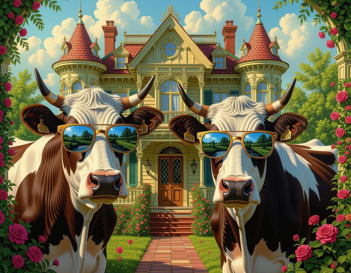 Whimsical Oil Painting of Cows in Sunglasses