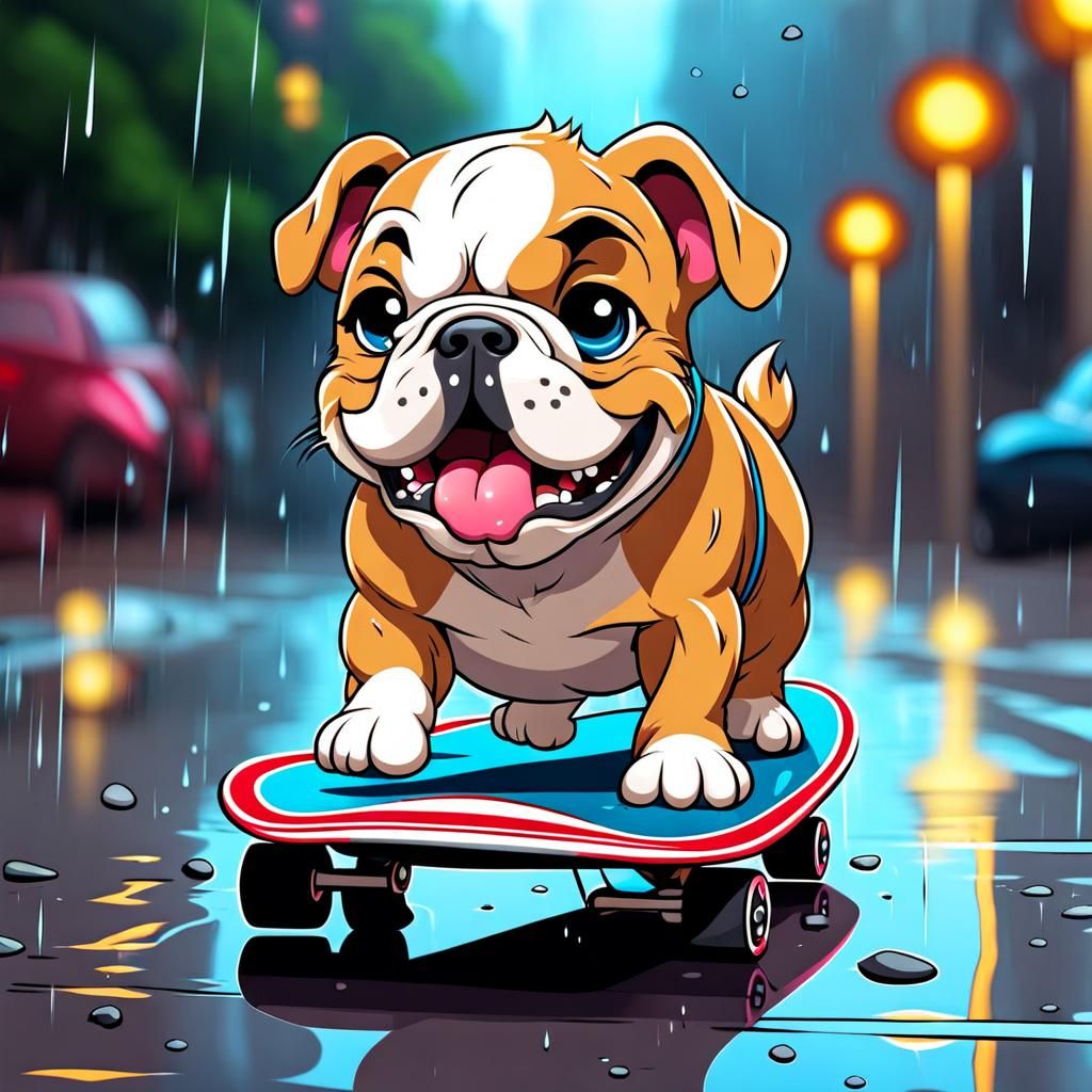 Adorable Chibi Bulldog on Skateboard in Rain