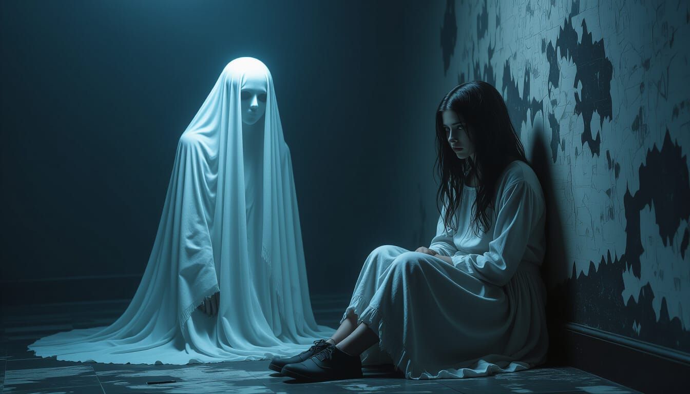 Eerie Ghostly Encounter in Dimly Lit Corner