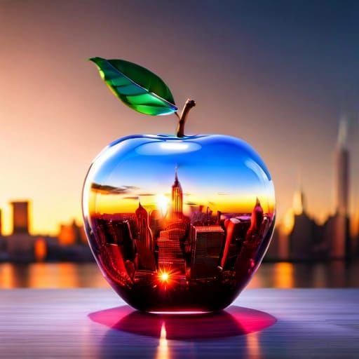 Glass Apple in NYC with Neon Skyline: 8K Render