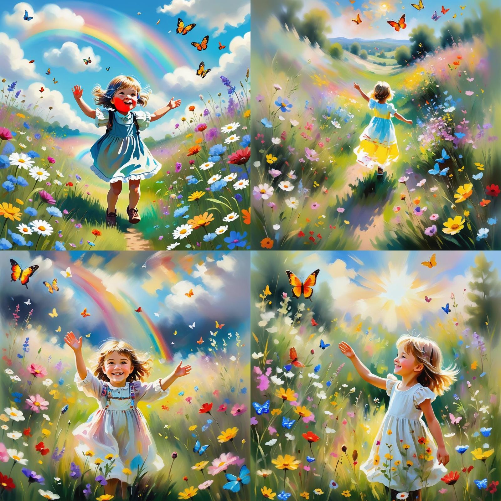 Cheerful Child Waving in Sunny Meadow