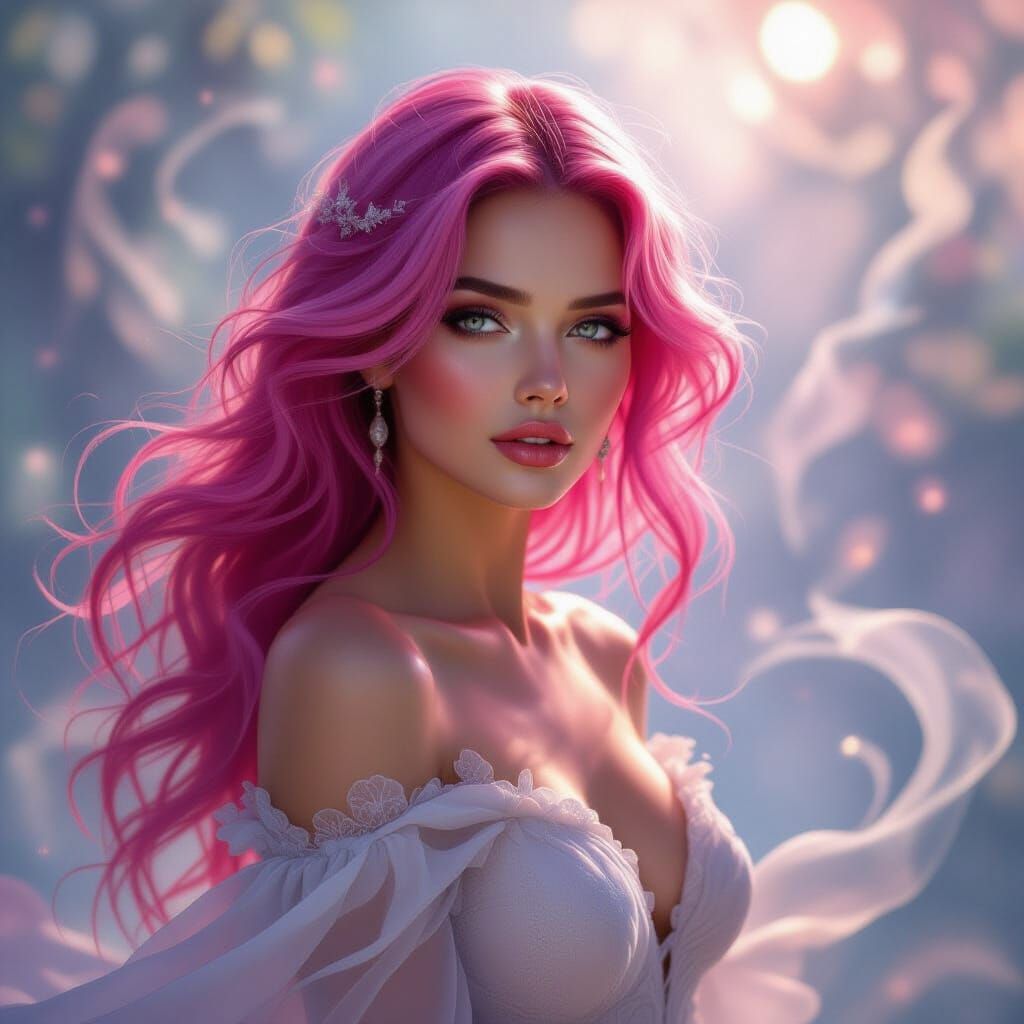 Ethereal Pink-Haired Woman in Surreal Dreamscape