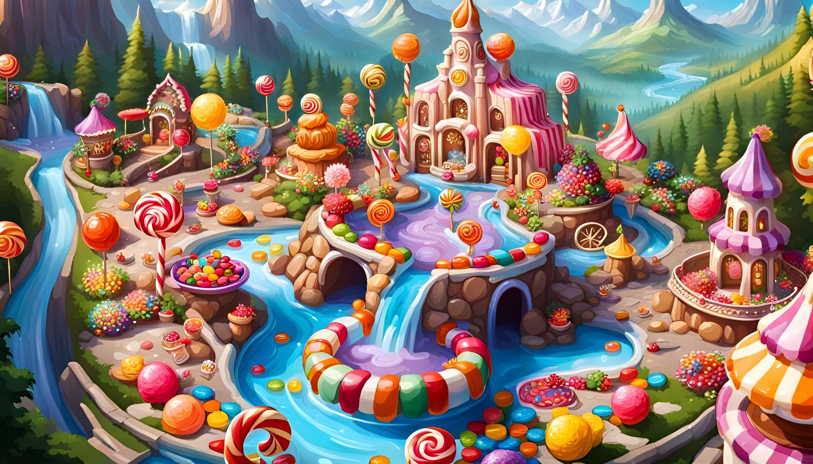 Candy Wonderland with Lollipop Lanterns and Chocolate Rivers