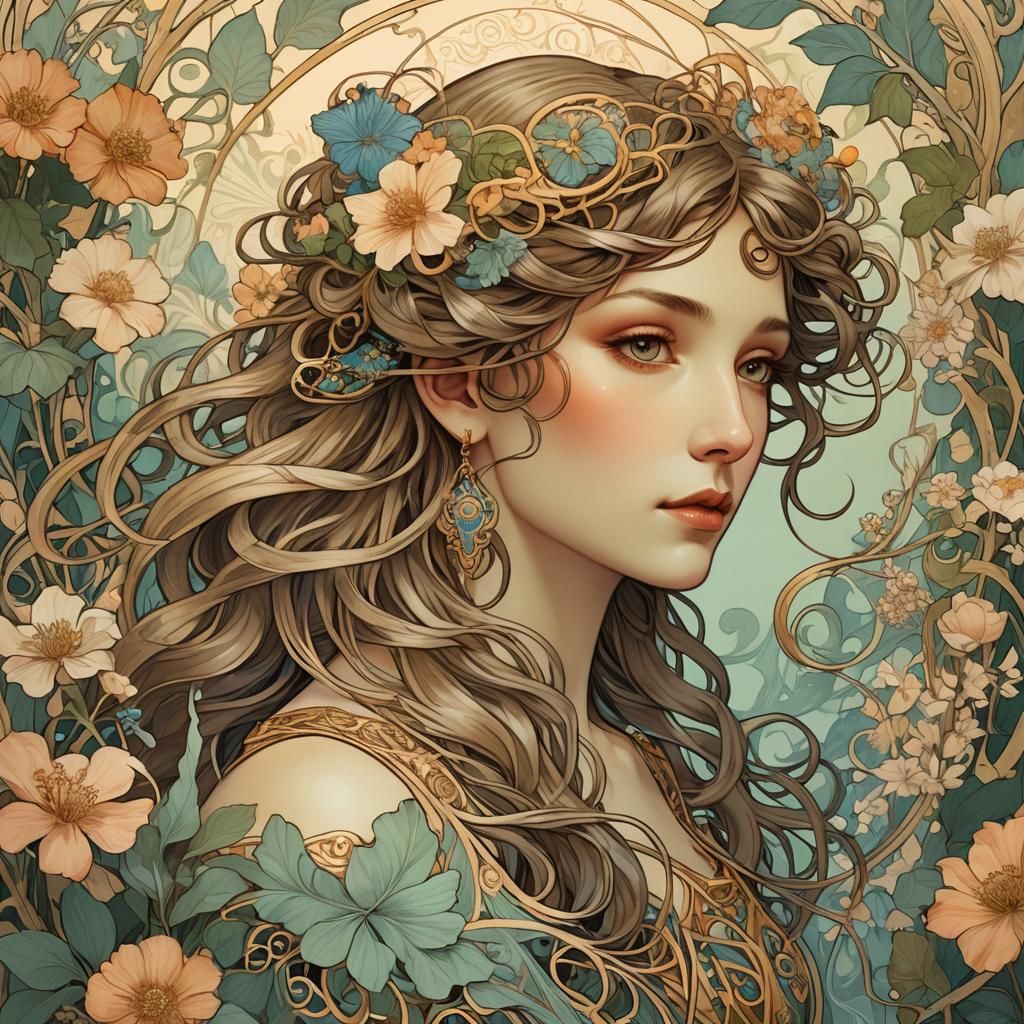 Art Nouveau Mythical Creature in Lush Vegetation