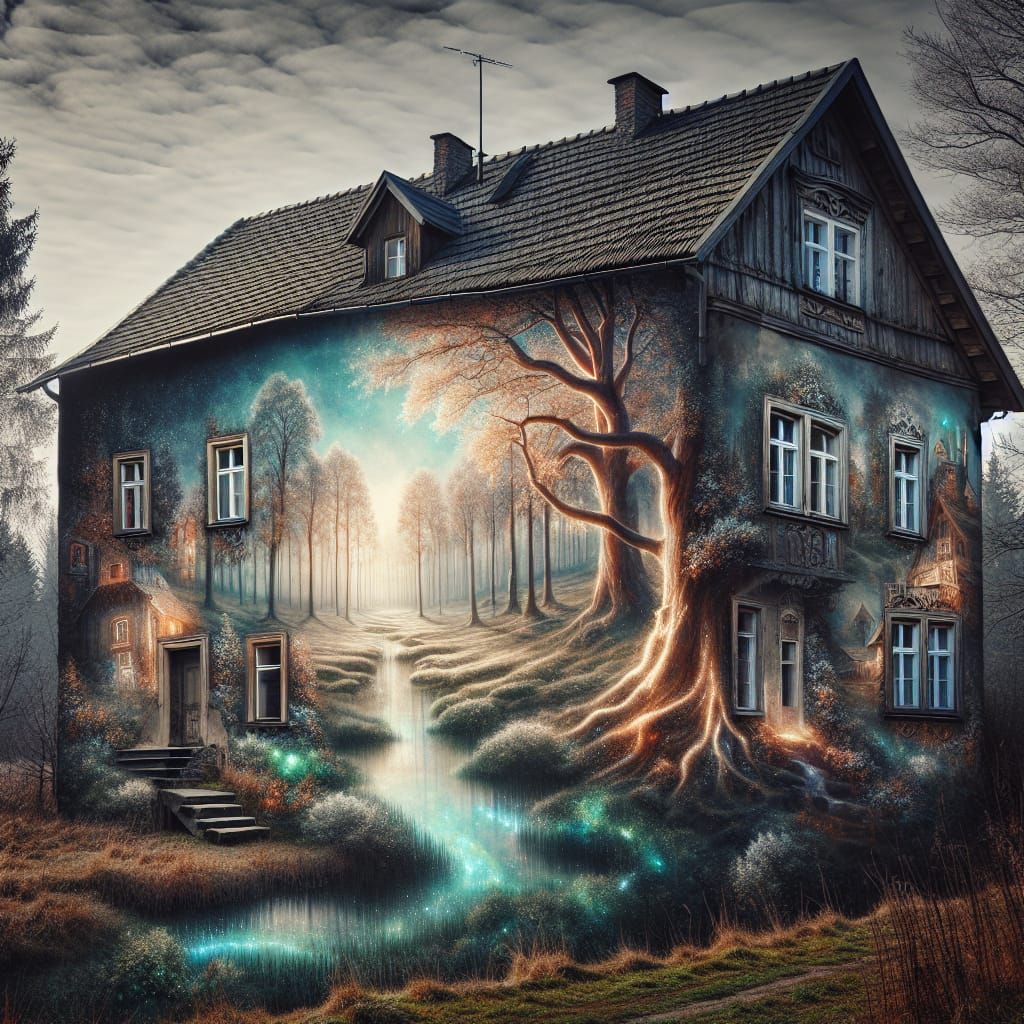 Enchanted House with Magical Landscape Art