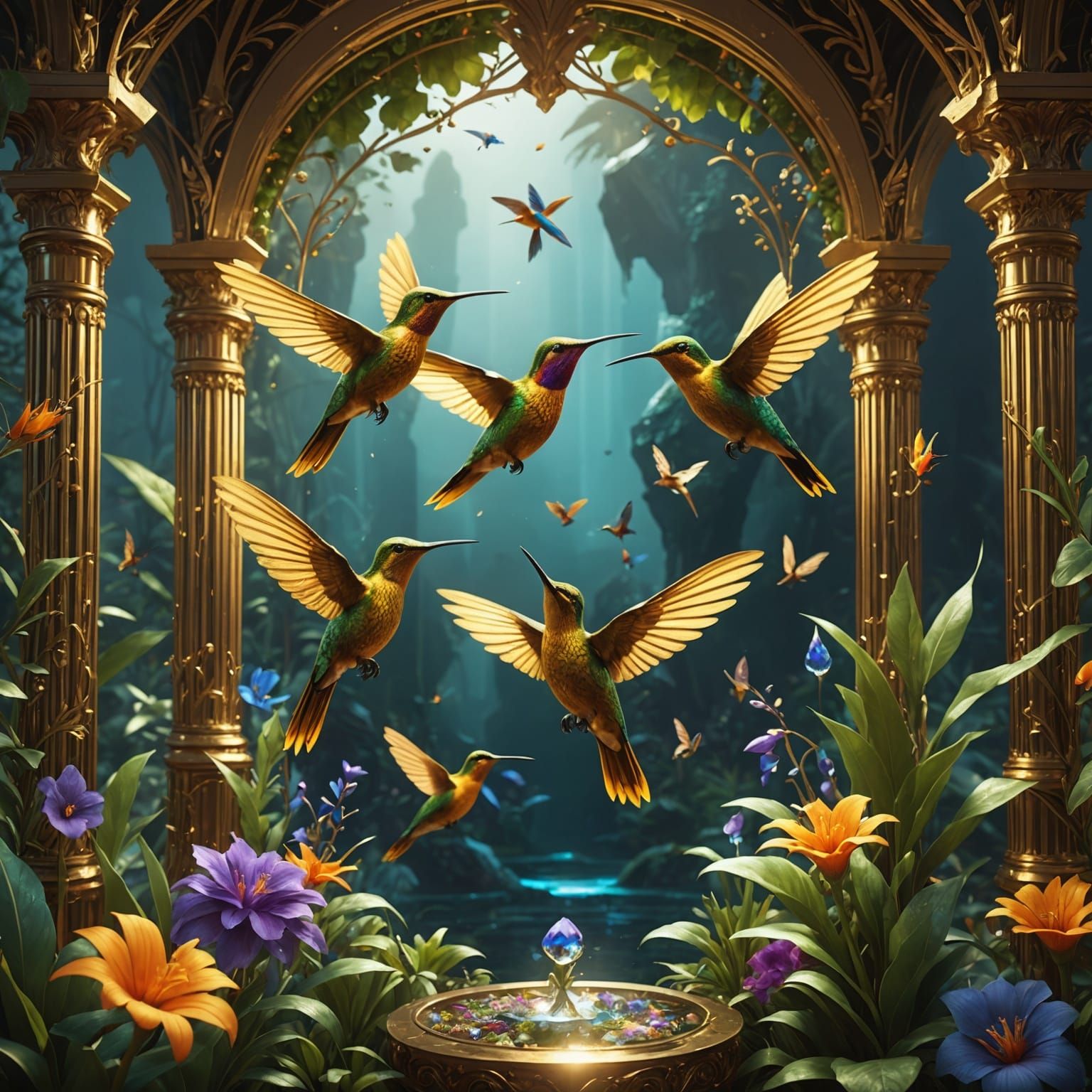 Golden Hummingbirds in Crystal Garden: Detailed Matte Painti...