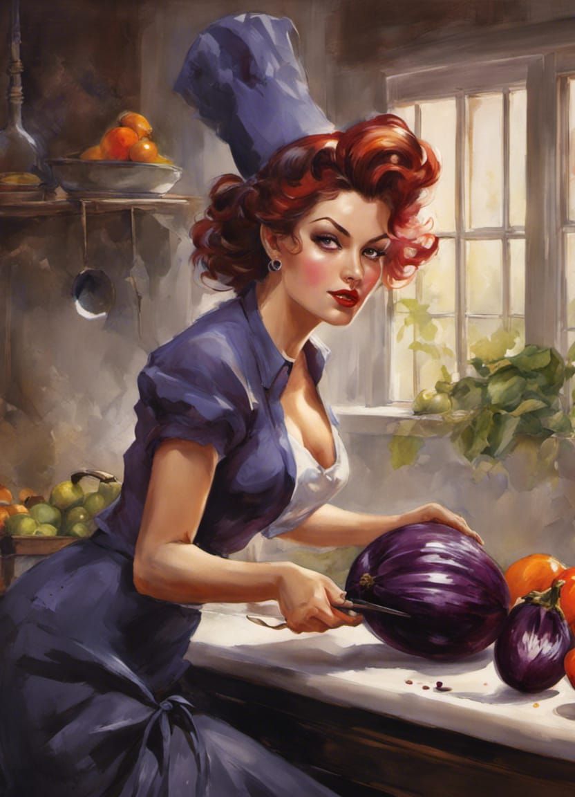 Pin-Up Chef Witch Cleans Eggplant