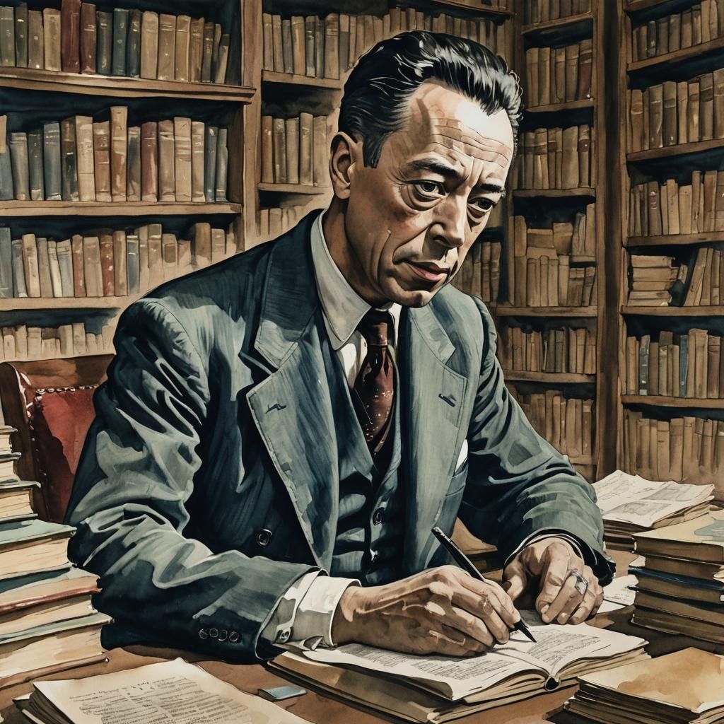 Albert Camus Portrait in Ink Drawing Style