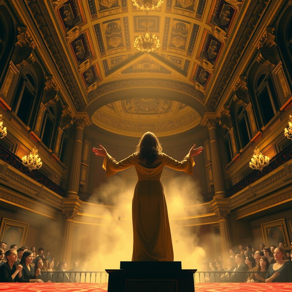 Ornate Auditorium: Woman Speaker in Baroque Style