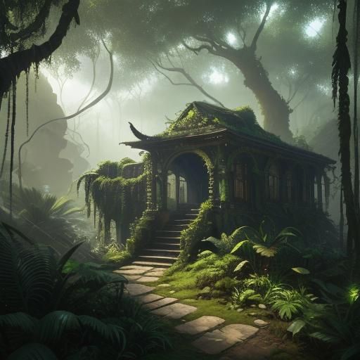 Lush Jungle Ruins with Glowing Plants: Matte Painting