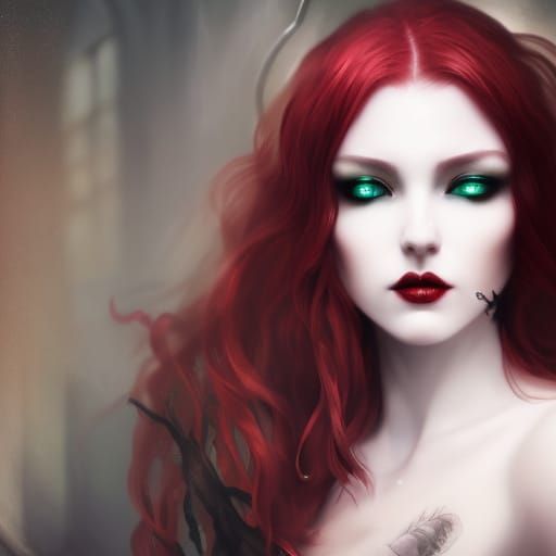 Ethereal gothic young lady with crimson red hair& Emerald green eyes& Burgundy red eyeshadow beautifully done& Winged bl...