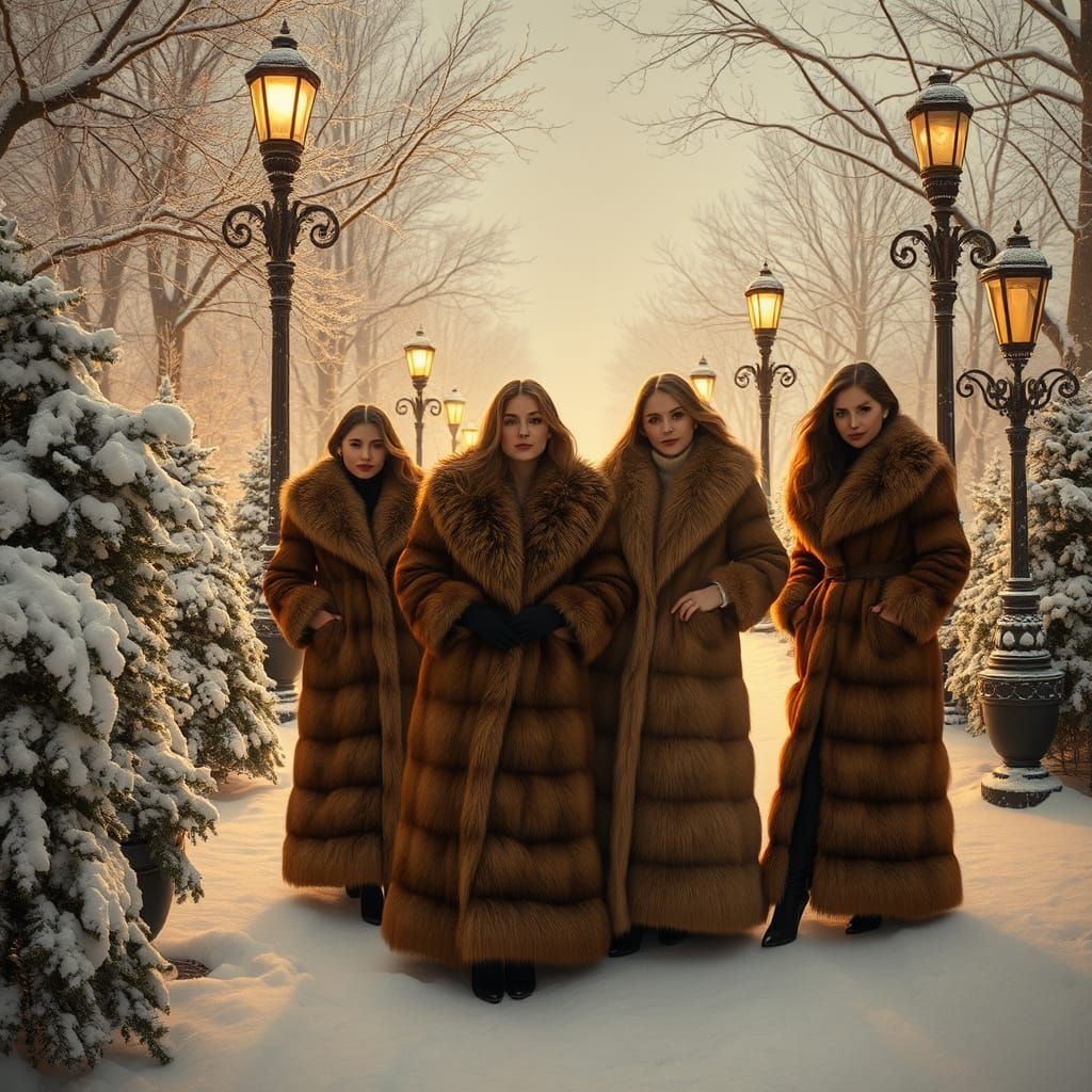 Women in Elegant Furs, Snowy Winter Scene