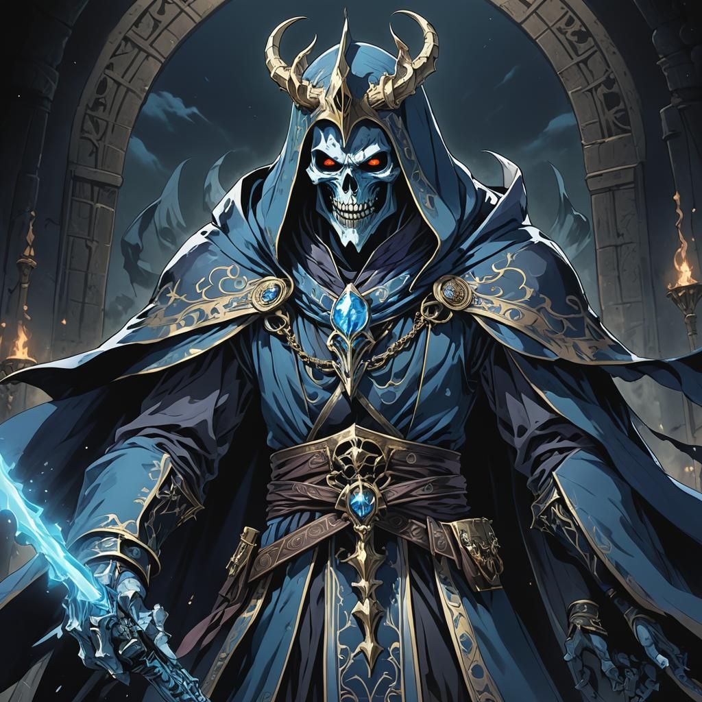 Anime-Style Lich with Blue Robes and Fangs