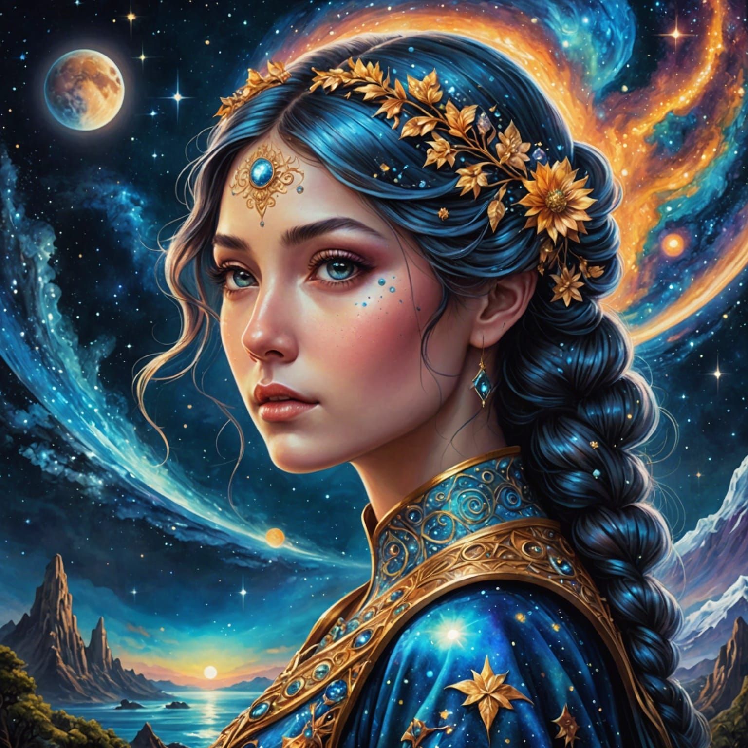 Cosmic Girl Overlooking Galaxy as Digital Art