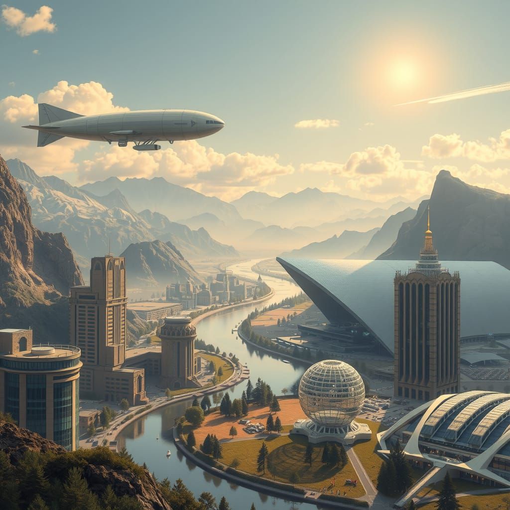 Majestic Futuristic Cityscape Under Golden Light