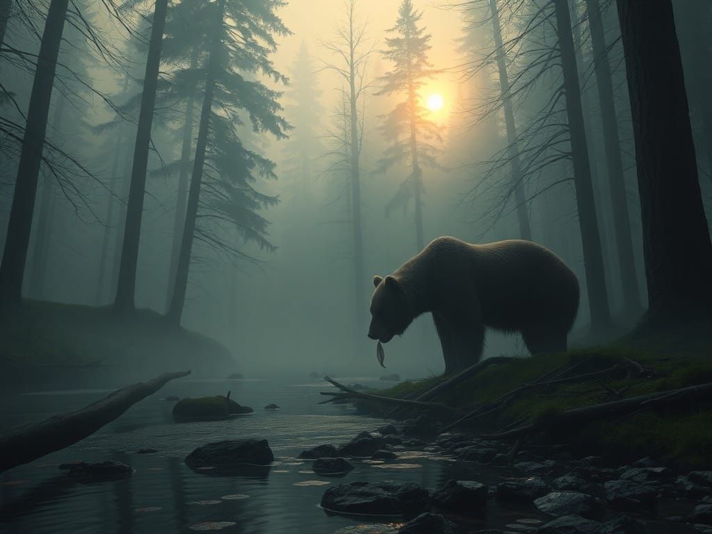 Bear Catches Fish in Foggy Forest Sunrise