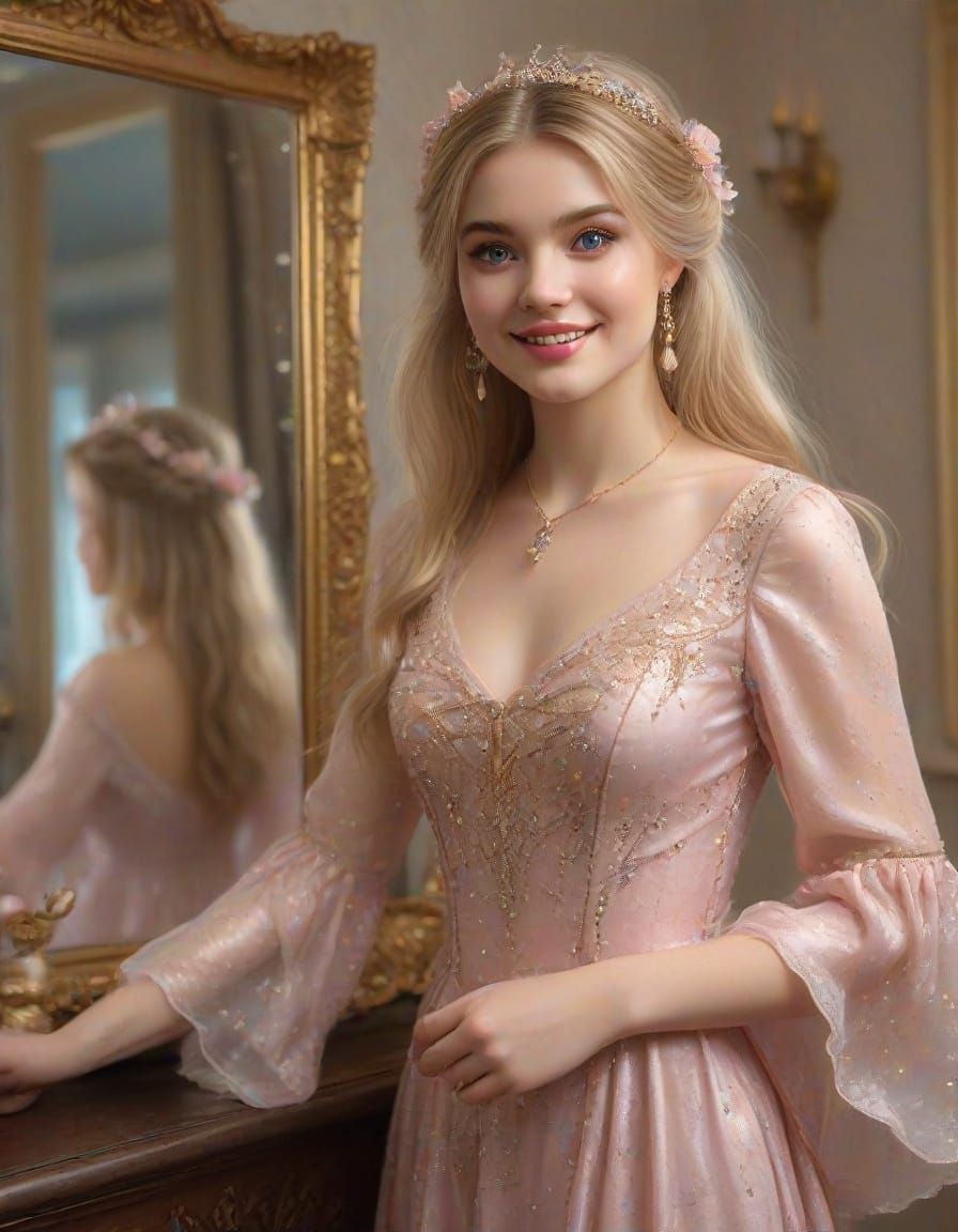 Ethereal Fantasy Woman Contemplates in Sparkling Dress