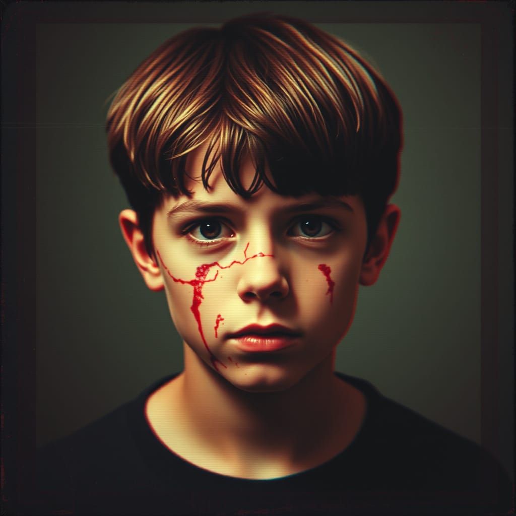 Creepy Distorted Photo of a Boy in Analog Horror Style