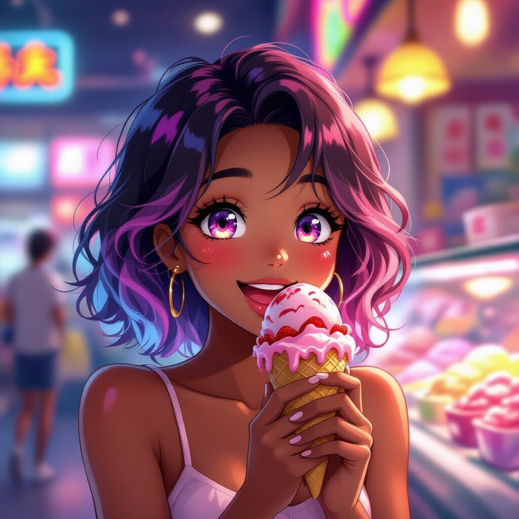 Anime Portrait of Joyful Woman With Melting Strawberry Ice C...