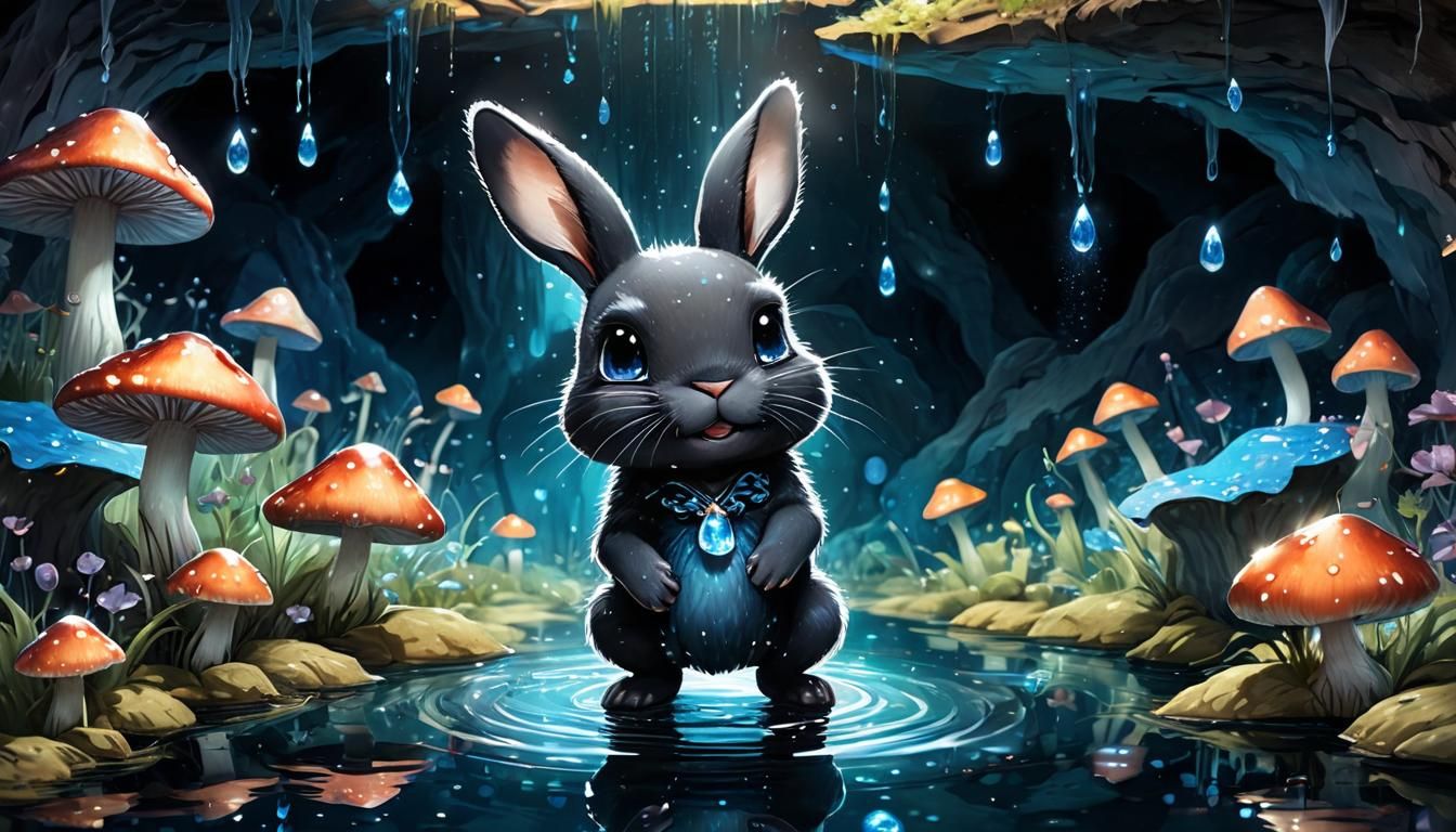 Chibi Black Rabbit Controls Water in Magical Pond