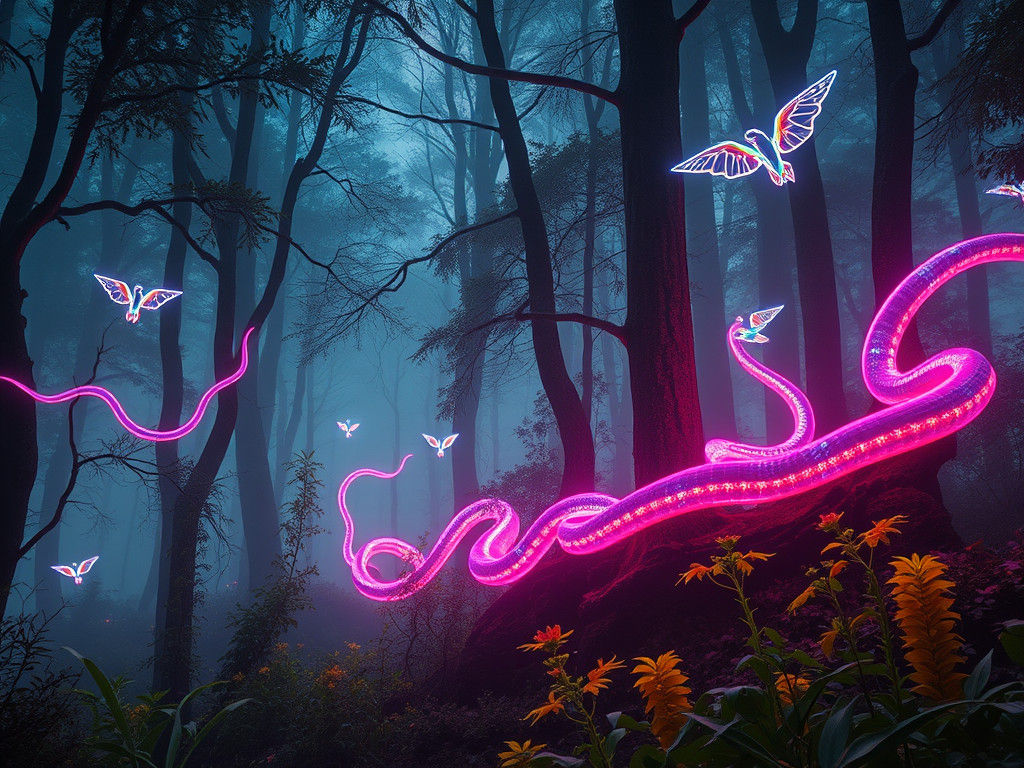 Glowing Cyberpunk Snakes in Mystical Forest