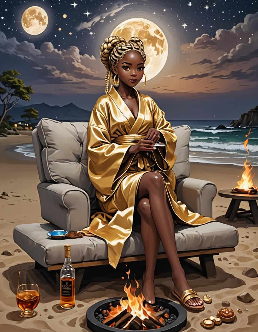 Anime Style Chibi Woman Lounging on Beach