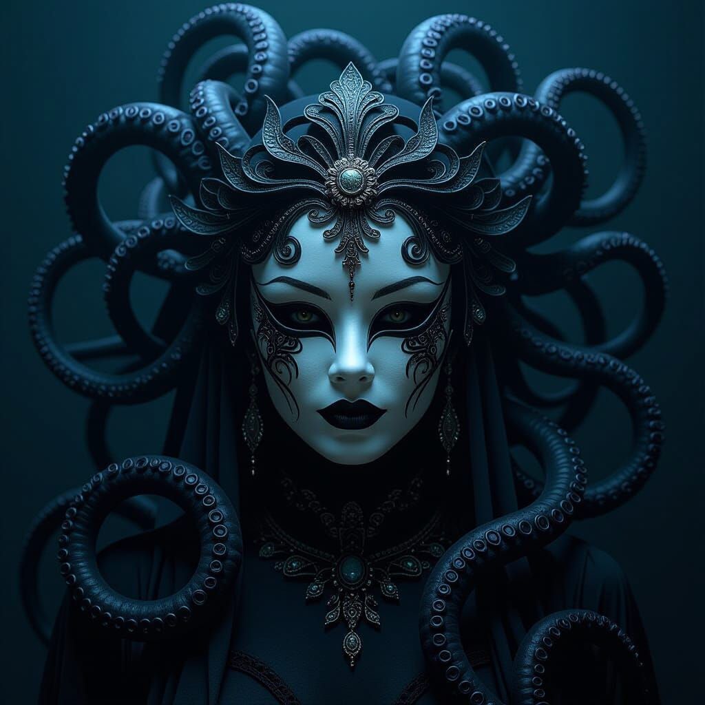 Eerie Woman in Venetian Mask with Tentacles