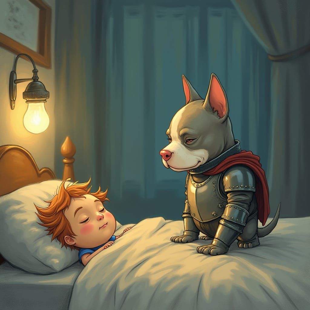 Brave Pitbull Guardian in Whimsical Bedroom Scene